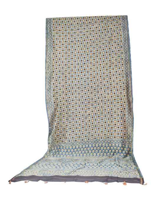 Ajrakh Chanderi Silk Natural Dye Hand Block Print Saree with Ajrakh Blouse Piece - 5.5 Mtr Length + 0.85 Mtr Blouse Piece - SKU : ID27904A