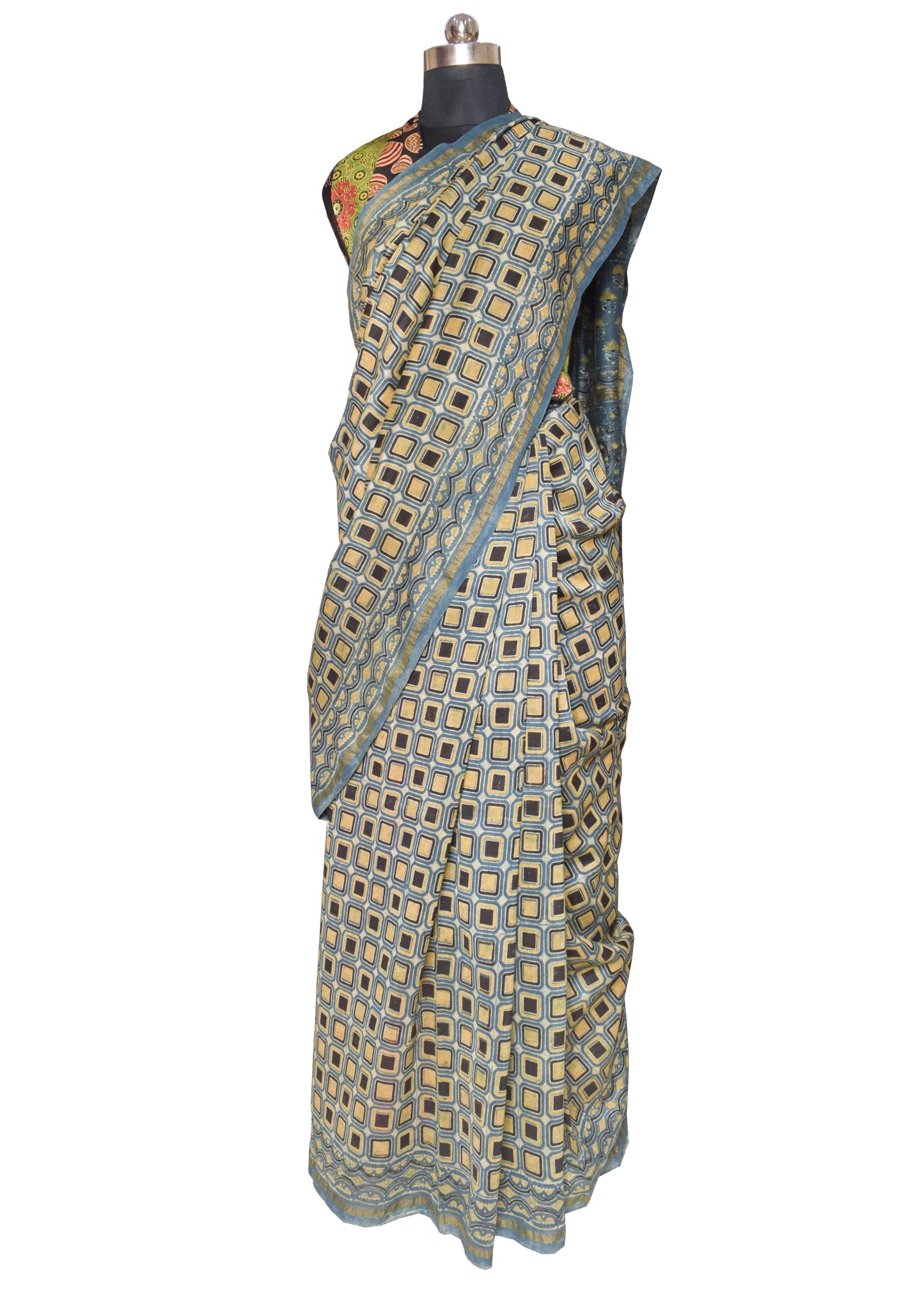 Ajrakh Chanderi Silk Natural Dye Hand Block Print Saree with Ajrakh Blouse Piece - 6 Mtr Length    -  SKU : ID27904A