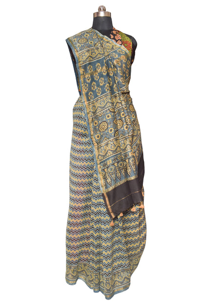 Ajrakh Chanderi Silk Natural Dye Hand Block Print Saree with Ajrakh Blouse Piece - 6 Mtr Length    -  SKU : ID27904C