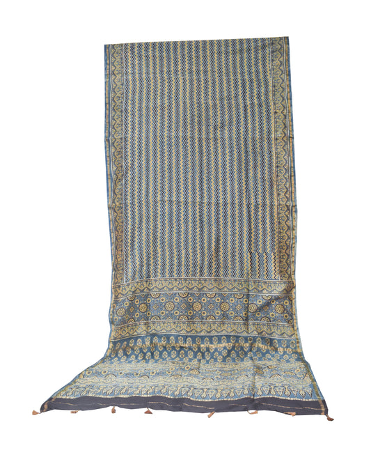 Ajrakh Chanderi Silk Natural Dye Hand Block Print Saree with Ajrakh Blouse Piece - 5.5 Mtr Length + 0.85 Mtr Blouse Piece - SKU : ID27904C