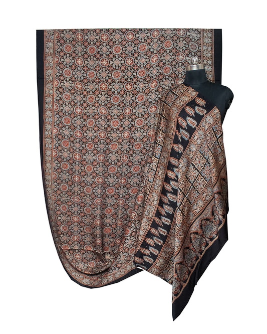 Ajrakh Modal Silk Natural Dye Hand Block Print Saree with Blouse Piece - 5.5 Mtr Length - SKU : AI18801A