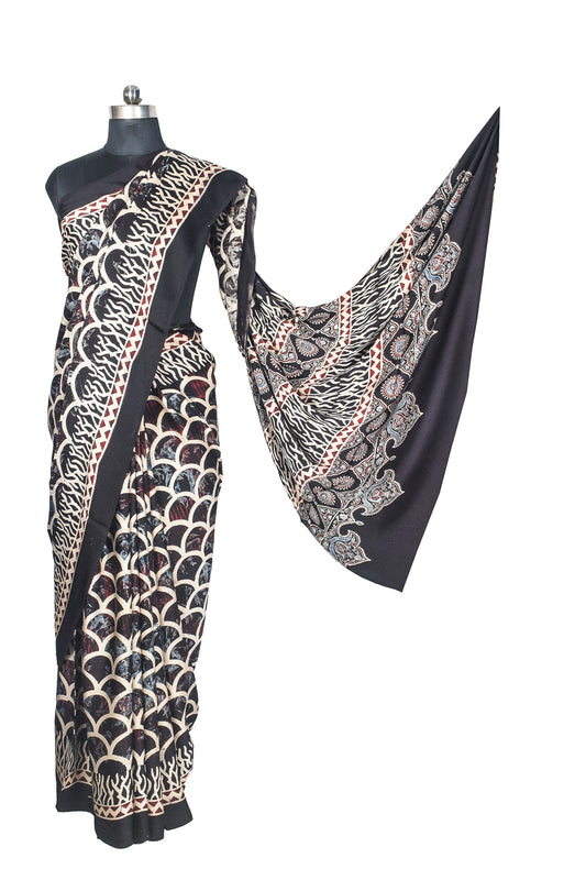 Ajrakh Modal Silk Natural Dye Hand Block Print Saree with Blouse Piece - 5.5 Mtr Length - SKU : AI27A01N