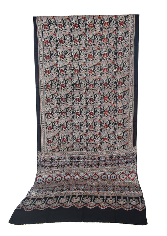 Ajrakh Modal Silk Natural Dye Hand Block Print Saree with Blouse Piece - 5.5 Mtr Length - SKU : SI03601D