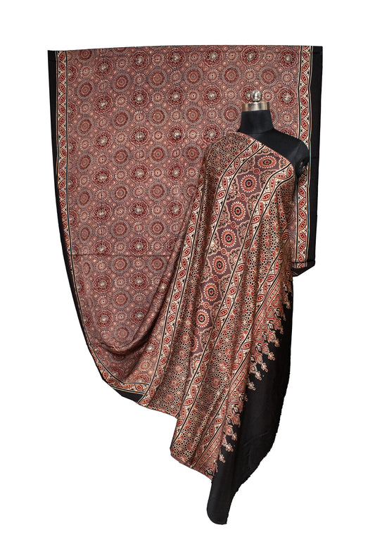 Ajrakh Modal Silk Natural Dye Hand Block Print Saree 5.5 Mtr Length + 0.85 Mtr Blouse Piece - SKU : ID24601M
