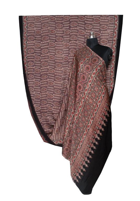 Ajrakh Modal Silk Natural Dye Hand Block Print Saree 5.5 Mtr Length + 0.85 Mtr Blouse Piece - SKU : ID2460AW