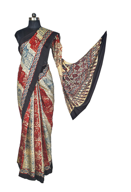 Ajrakh Modal Silk Natural Dye Hand Block Print Saree with Blouse Piece - 5.5 Mtr Length - SKU : AI27A01C