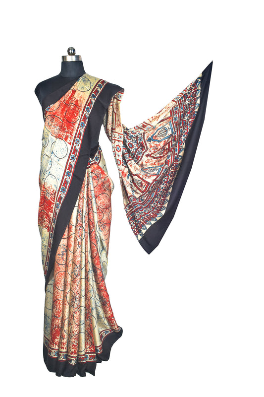 Ajrakh Modal Silk Natural Dye Hand Block Print Saree with Blouse Piece - 5.5 Mtr Length - SKU : AI27A01E