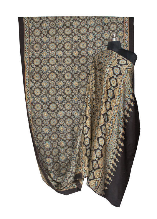 Ajrakh Modal Silk Natural Dye Hand Block Print Saree 5.5 Mtr Length + 0.85 Mtr Blouse Piece - SKU : ID24601F