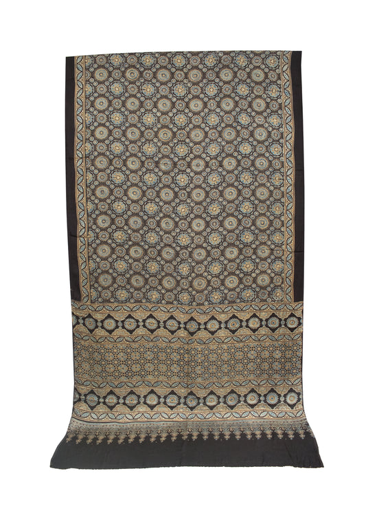 Ajrakh Modal Silk Natural Dye Hand Block Print Saree 5.5 Mtr Length + 0.85 Mtr Blouse Piece - SKU : ID24601F