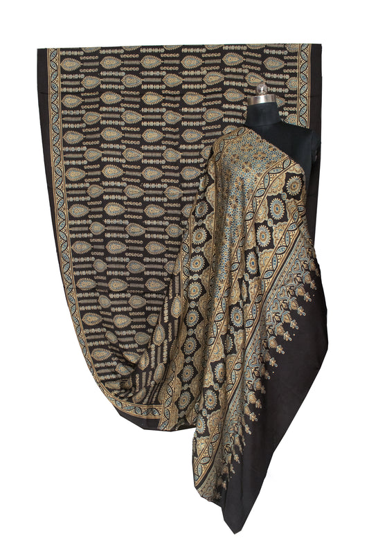 Ajrakh Modal Silk Natural Dye Hand Block Print Saree 5.5 Mtr Length + 0.85 Mtr Blouse Piece - SKU : ID24601L