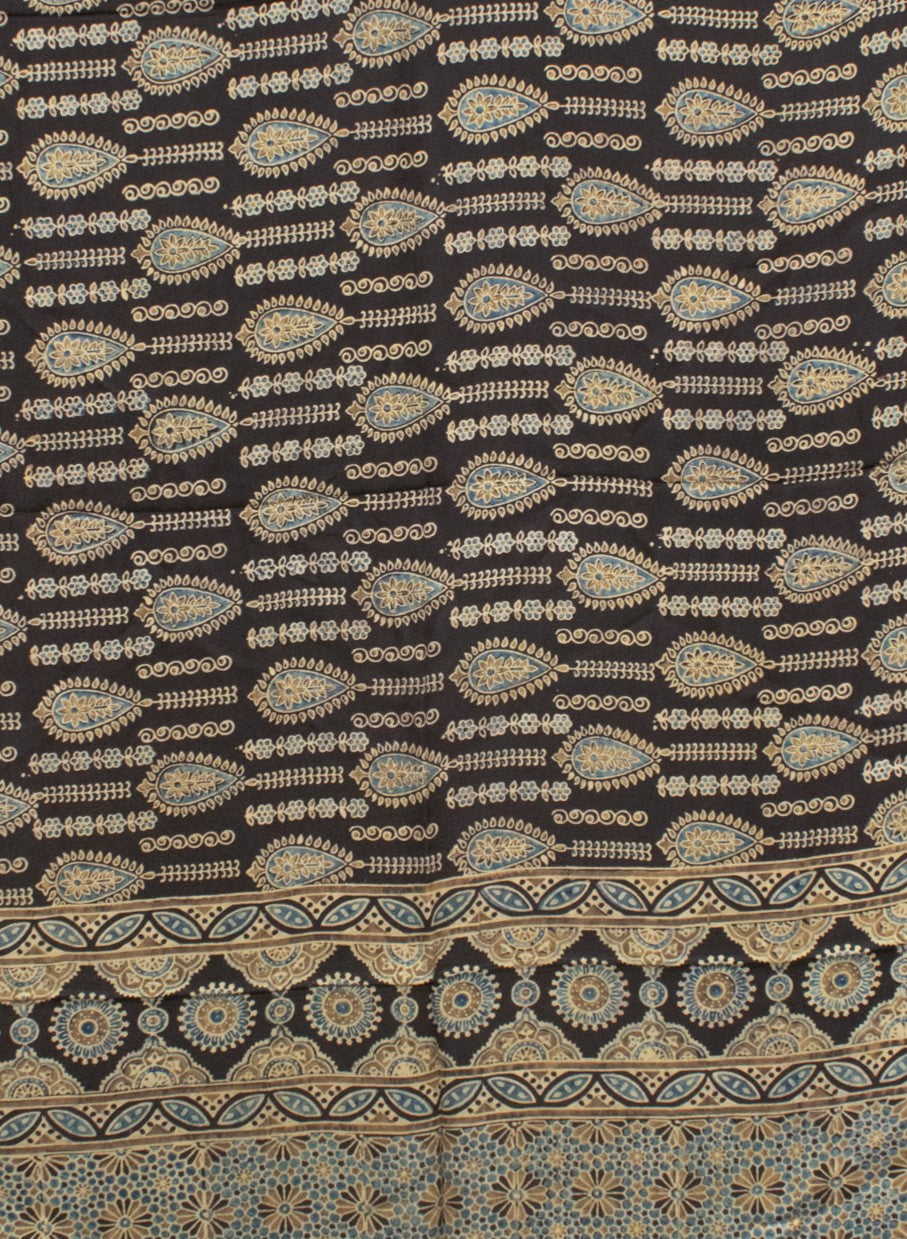 Ajrakh Modal Silk Natural Dye Hand Block Print Saree 5.5 Mtr Length + 0.85 Mtr Blouse Piece - SKU : ID24601L