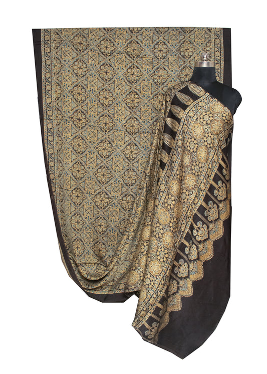 Ajrakh Modal Silk Natural Dye Hand Block Print Saree 5.5 Mtr Length + 0.85 Mtr Blouse Piece - SKU : ID24601X