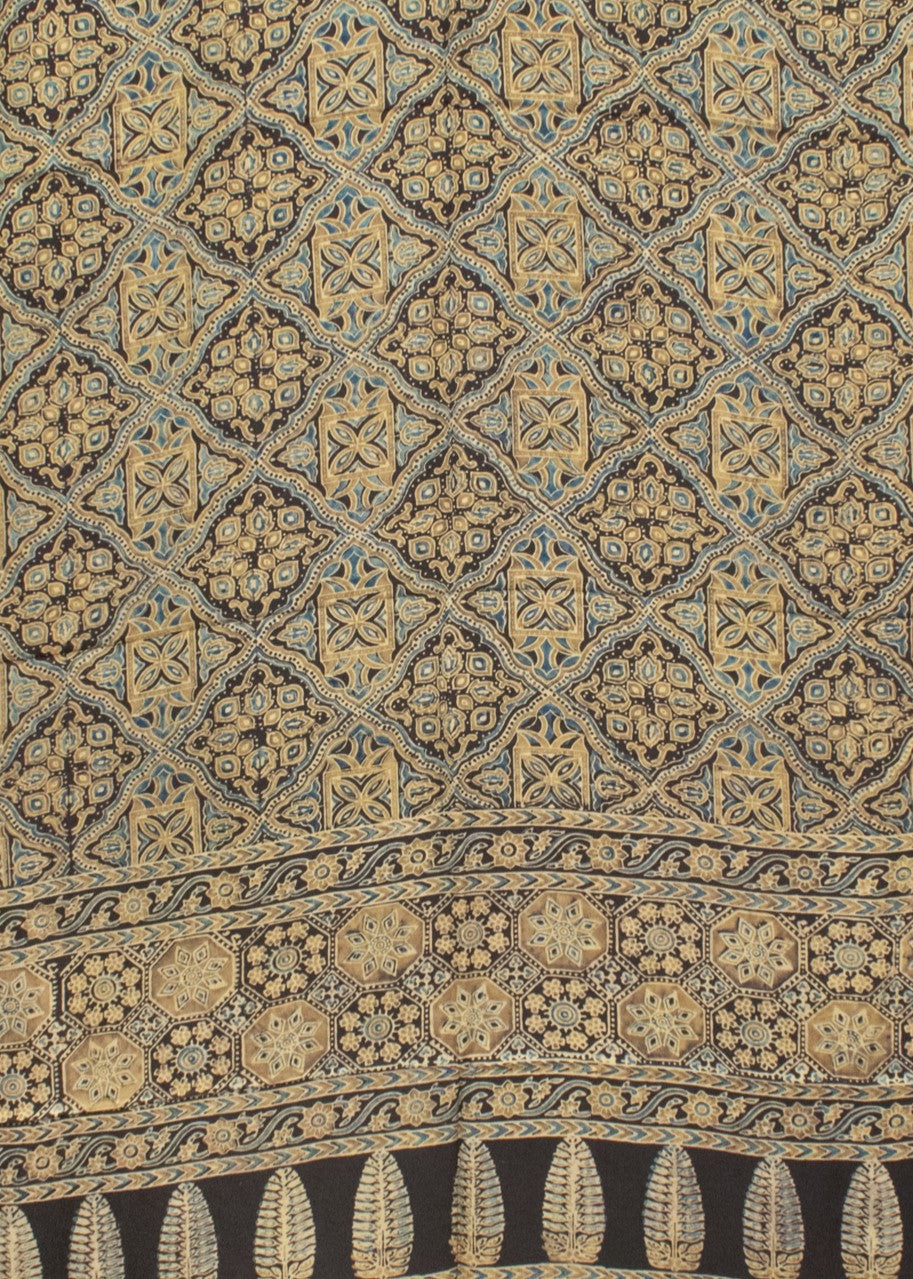 Ajrakh Modal Silk Natural Dye Hand Block Print Saree 5.5 Mtr Length + 0.85 Mtr Blouse Piece - SKU : ID24601X