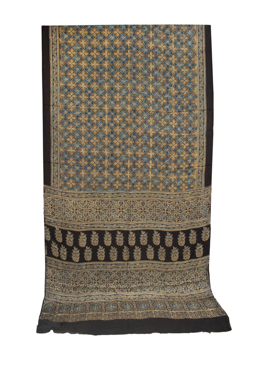 Ajrakh Modal Silk Natural Dye Hand Block Print Saree 5.5 Mtr Length + 0.85 Mtr Blouse Piece - SKU : ID2460AD