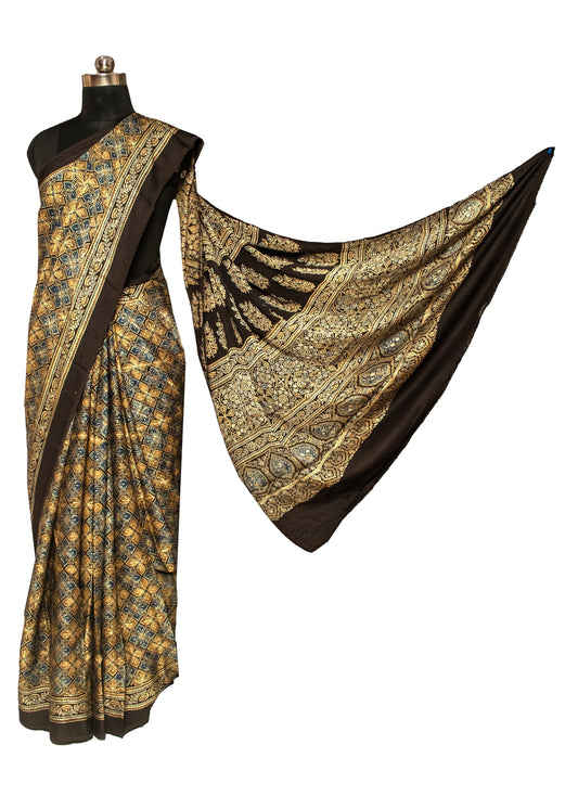 Ajrakh Modal Silk Natural Dye Hand Block Print Saree 5.5 Mtr Length + 0.85 Mtr Blouse Piece - SKU : ID2460AD