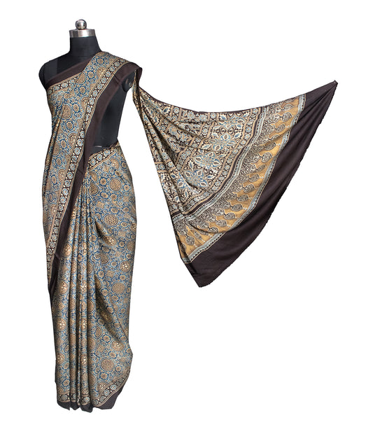 Ajrakh Modal Silk Natural Dye Hand Block Print Saree 5.5 Mtr Length + 0.85 Mtr Blouse Piece - SKU : ID2460AP