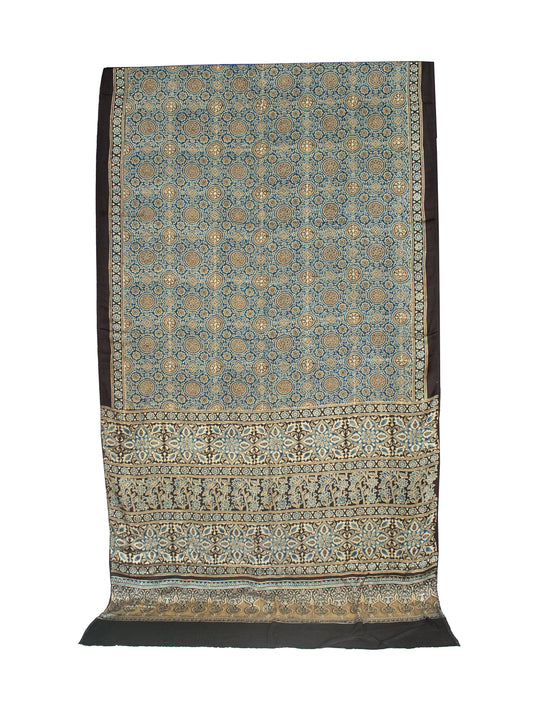 Ajrakh Modal Silk Natural Dye Hand Block Print Saree 5.5 Mtr Length + 0.85 Mtr Blouse Piece - SKU : ID2460AP