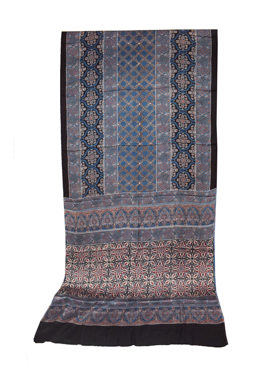Ajrakh Modal Silk Natural Dye Hand Block Print Saree with Ajrakh Blouse Piece - 6 Mtr Length    -  SKU : ID02201R
