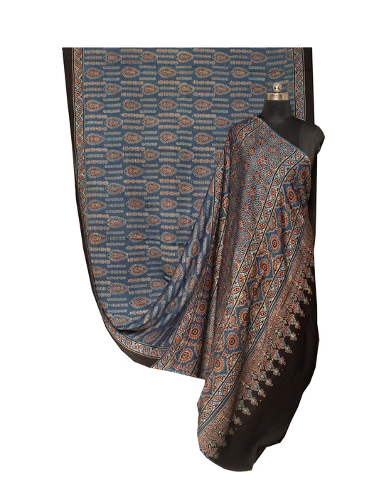Ajrakh Modal Silk Natural Dye Hand Block Print Saree 5.5 Mtr Length + 0.85 Mtr Blouse Piece - SKU : ID2460AU