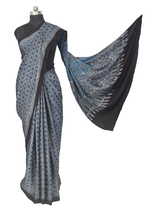 Ajrakh Modal Silk Natural Dye Hand Block Print Saree with Blouse Piece - 5.5 Mtr Length - SKU : KK18201H