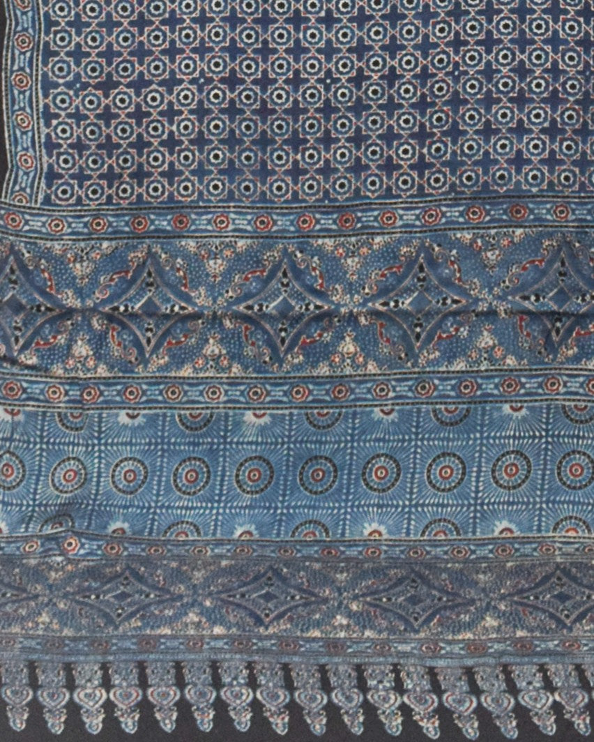 Ajrakh Modal Silk Natural Dye Hand Block Print Saree with Blouse Piece - 5.5 Mtr Length - SKU : KK18201H