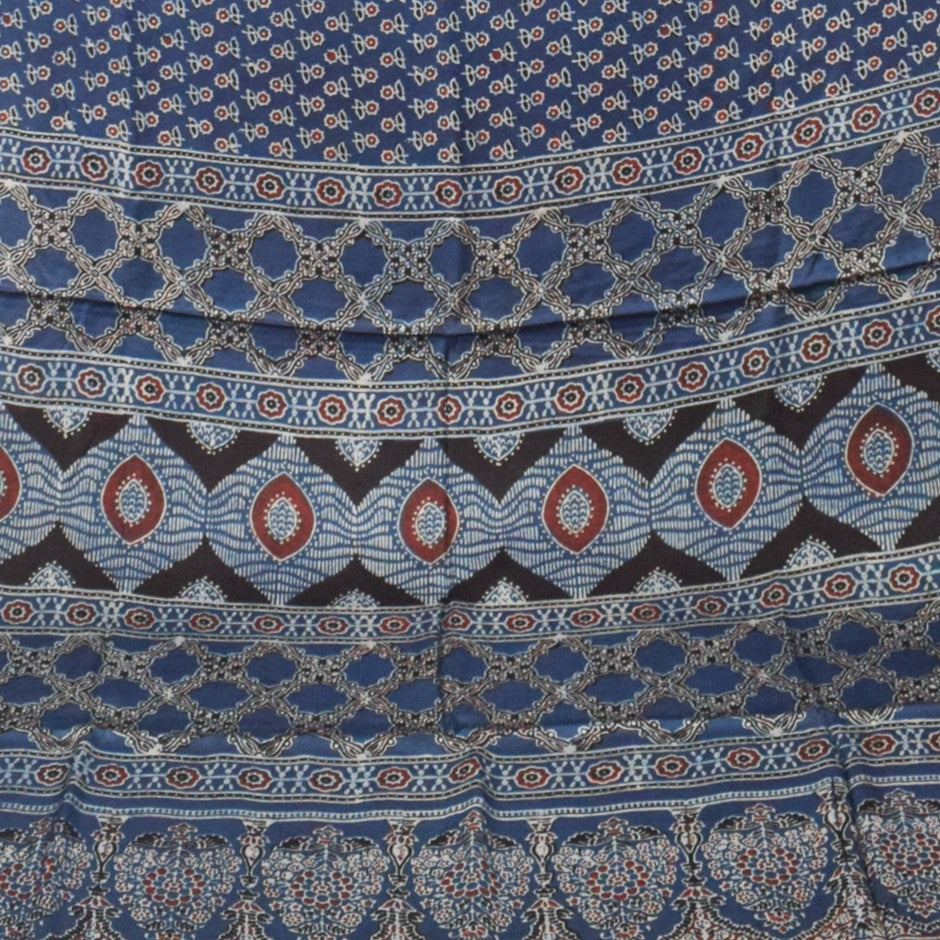 Ajrakh Modal Silk Natural Dye Hand Block Print Saree with Blouse Piece - 5.5 Mtr Length - SKU : SI03601O