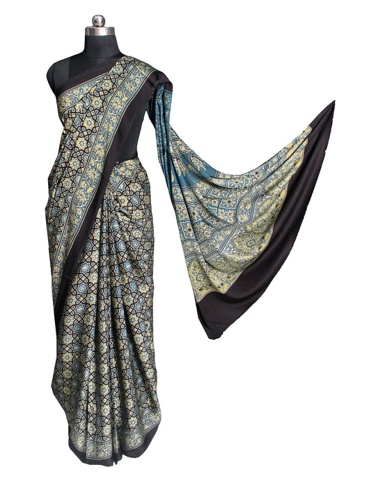 Ajrakh Modal Silk Natural Dye Hand Block Print Saree 5.5 Mtr Length + 0.85 Mtr Blouse Piece - SKU : ID24601D