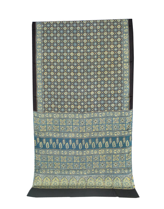 Ajrakh Modal Silk Natural Dye Hand Block Print Saree 5.5 Mtr Length + 0.85 Mtr Blouse Piece - SKU : ID24601D