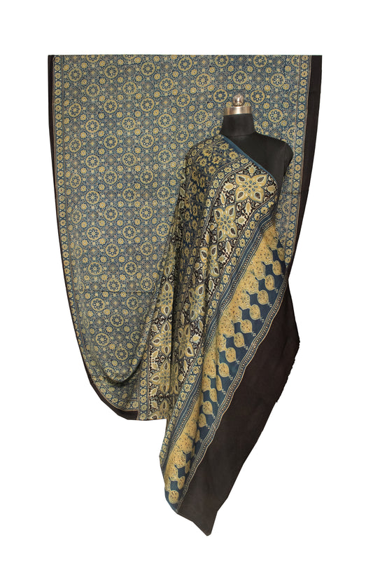 Ajrakh Modal Silk Natural Dye Hand Block Print Saree 5.5 Mtr Length + 0.85 Mtr Blouse Piece - SKU : ID24601J