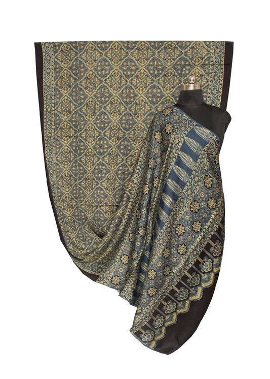 Ajrakh Modal Silk Natural Dye Hand Block Print Saree 5.5 Mtr Length + 0.85 Mtr Blouse Piece - SKU : ID24601P