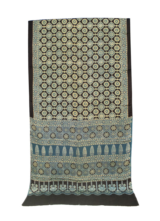 Ajrakh Modal Silk Natural Dye Hand Block Print Saree 5.5 Mtr Length + 0.85 Mtr Blouse Piece - SKU : ID2460AB