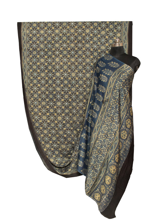 Ajrakh Modal Silk Natural Dye Hand Block Print Saree 5.5 Mtr Length + 0.85 Mtr Blouse Piece - SKU : ID2460AN