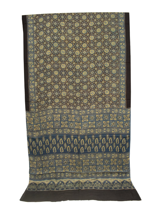 Ajrakh Modal Silk Natural Dye Hand Block Print Saree 5.5 Mtr Length + 0.85 Mtr Blouse Piece - SKU : ID2460AT