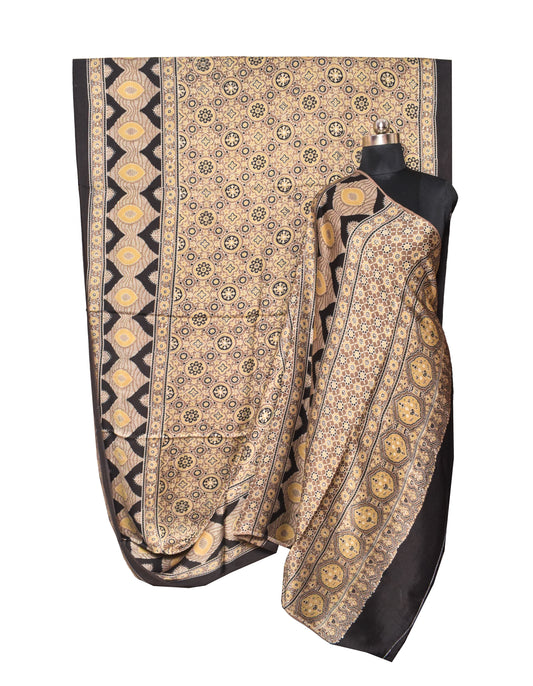 Ajrakh Modal Silk Natural Dye Hand Block Print Saree with Ajrakh Blouse Piece - 5.5 Mtr Length + 0.85 Mtr Blouse Piece - SKU : ID02201N