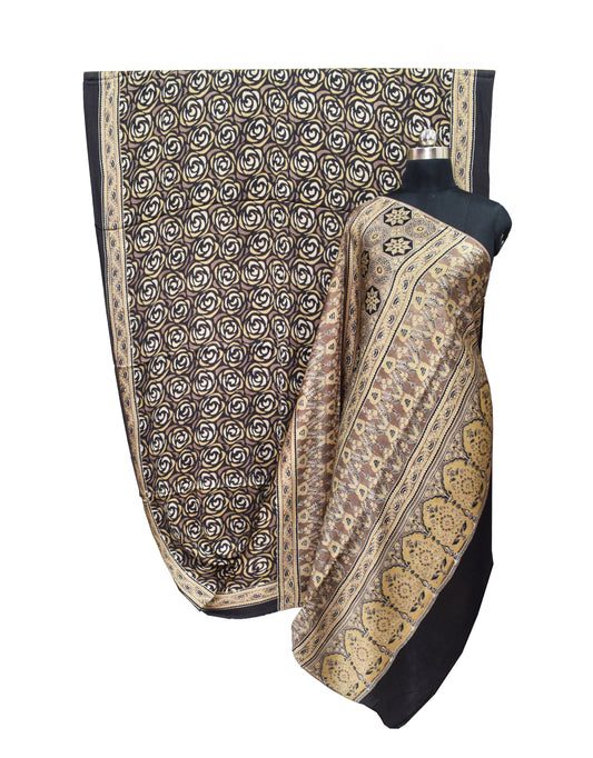 Ajrakh Modal Silk Natural Dye Hand Block Print Saree with Ajrakh Blouse Piece - 5.5 Mtr Length + 0.85 Mtr Blouse Piece - SKU : ID02201Y