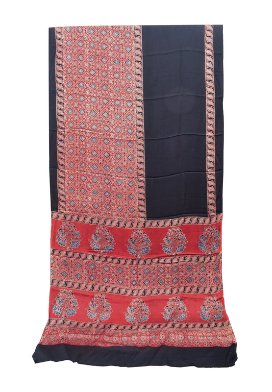 Ajrakh Modal Silk Natural Dye Hand Block Print Saree with Ajrakh Blouse Piece - 6 Mtr Length    -  SKU : MS04301B