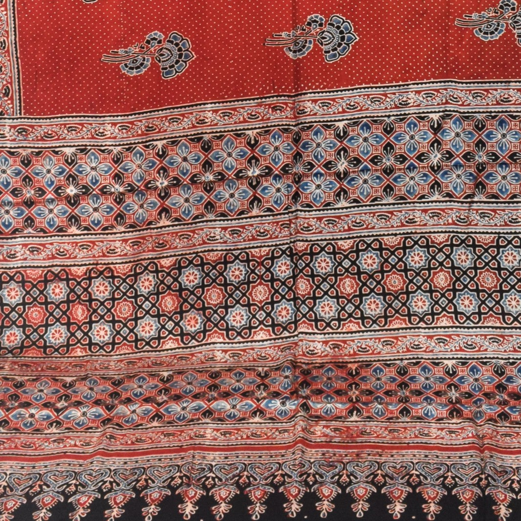Ajrakh Modal Silk Natural Dye Hand Block Print Saree with Blouse Piece - 5.5 Mtr Length - SKU : SI03601I