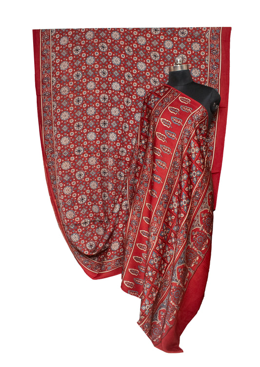 Ajrakh Modal Silk Natural Dye Hand Block Print Saree with Blouse Piece - 5.5 Mtr Length - SKU : AI1880AH