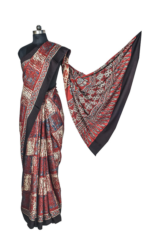 Ajrakh Modal Silk Natural Dye Hand Block Print Saree with Blouse Piece - 5.5 Mtr Length - SKU : AI27A01O