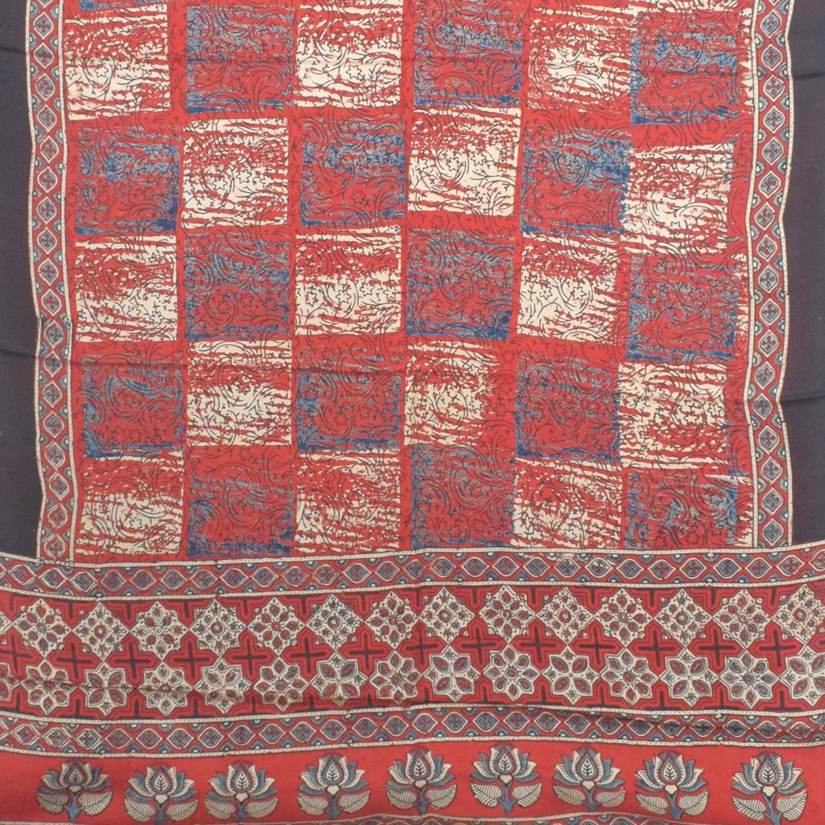 Ajrakh Modal Silk Natural Dye Hand Block Print Saree with Blouse Piece - 5.5 Mtr Length - SKU : AI27A01O