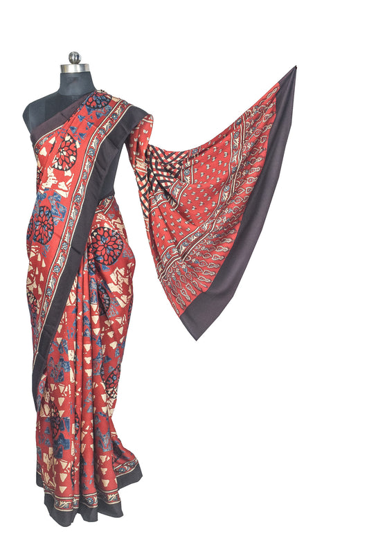 Ajrakh Modal Silk Natural Dye Hand Block Print Saree with Blouse Piece - 5.5 Mtr Length - SKU : AI27A01R