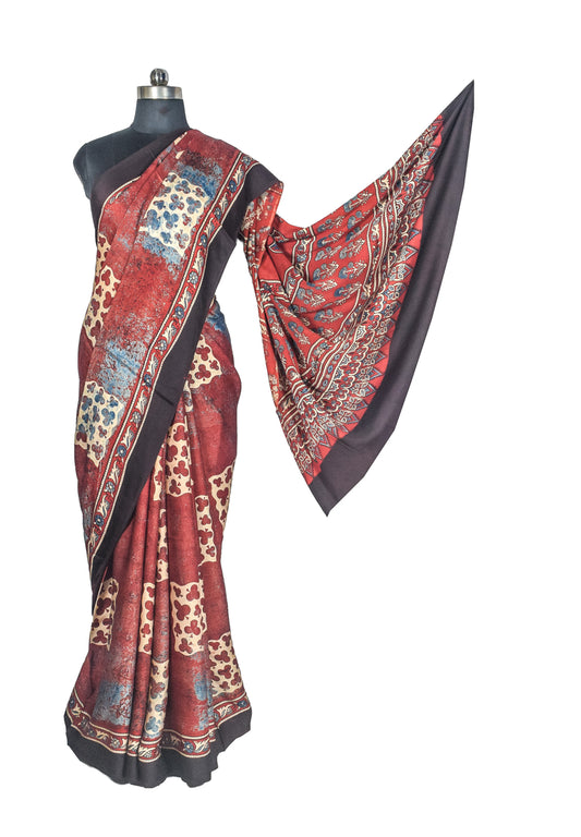Ajrakh Modal Silk Natural Dye Hand Block Print Saree with Blouse Piece - 5.5 Mtr Length - SKU : AI27A01S