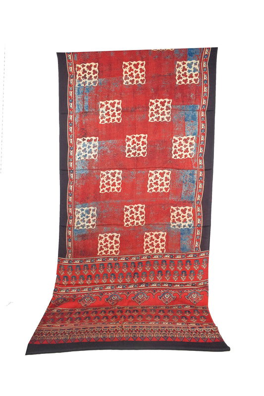 Ajrakh Modal Silk Natural Dye Hand Block Print Saree with Blouse Piece - 5.5 Mtr Length - SKU : AI27A01S