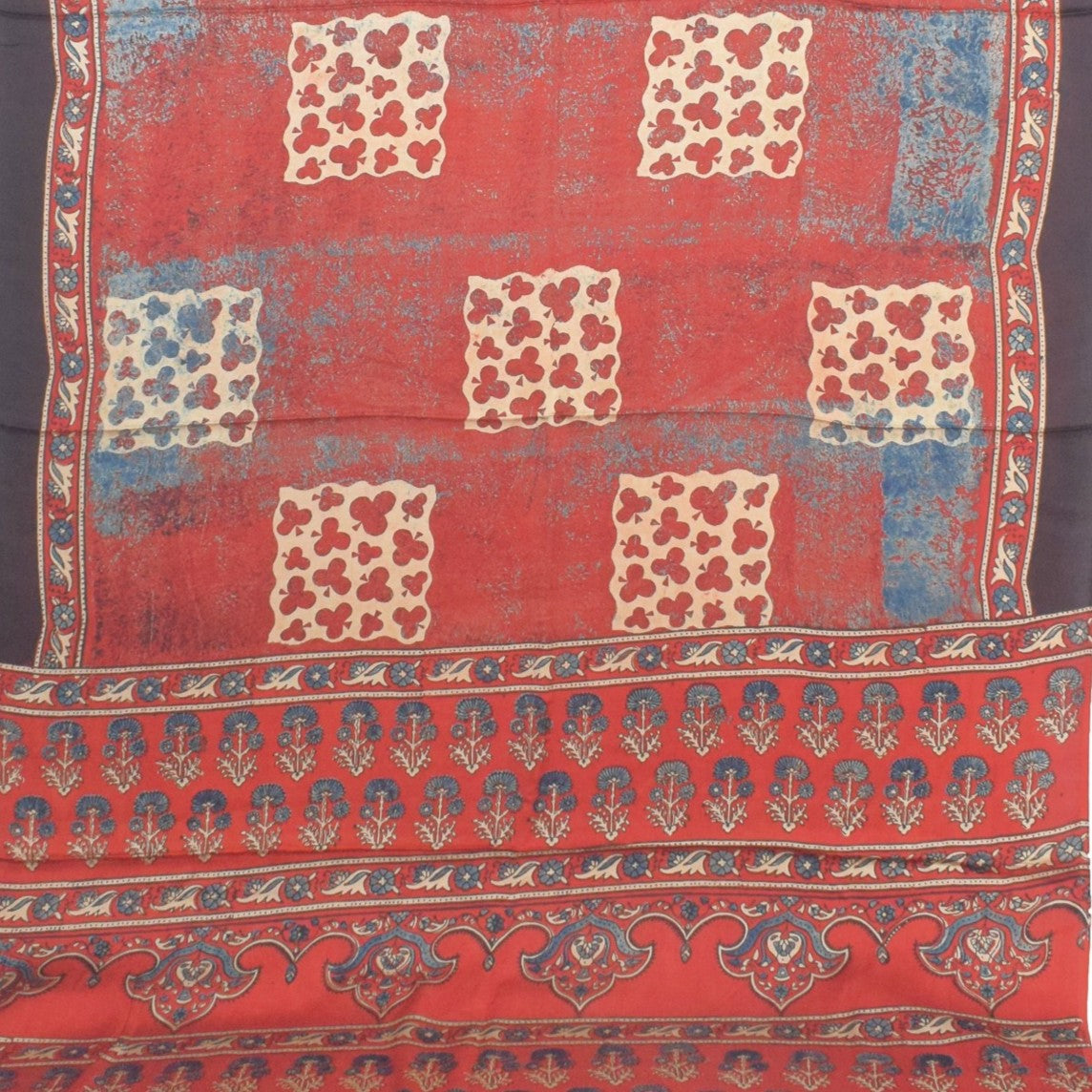 Ajrakh Modal Silk Natural Dye Hand Block Print Saree with Blouse Piece - 5.5 Mtr Length - SKU : AI27A01S