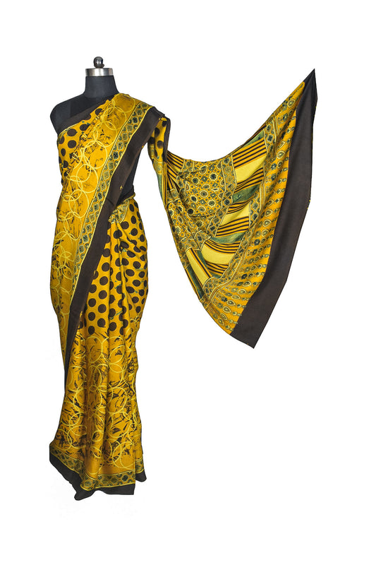 Ajrakh Modal Silk Natural Dye Hand Block Print Saree with Blouse Piece - 5.5 Mtr Length - SKU : AI27A01F