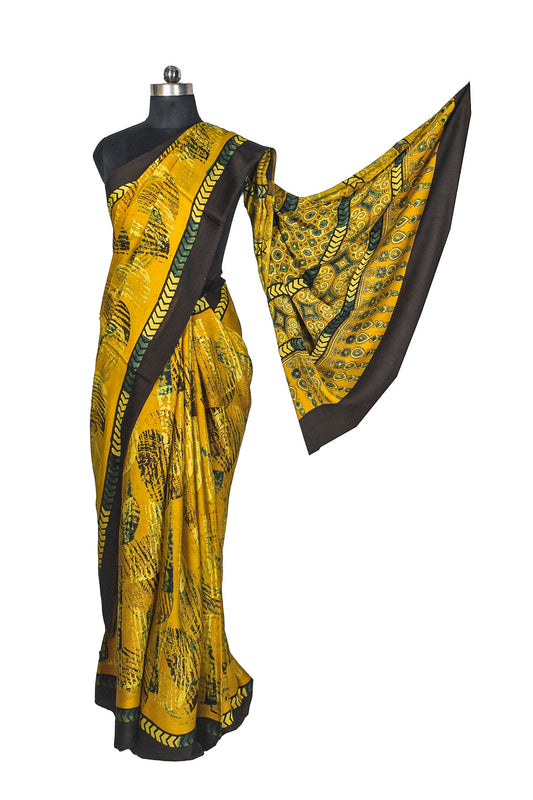 Ajrakh Modal Silk Natural Dye Hand Block Print Saree with Blouse Piece - 5.5 Mtr Length - SKU : AI27A01G