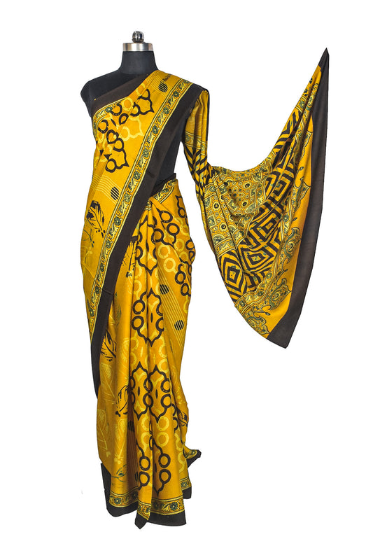 Ajrakh Modal Silk Natural Dye Hand Block Print Saree with Blouse Piece - 5.5 Mtr Length - SKU : AI27A01H