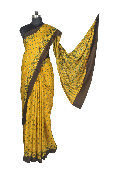 Ajrakh Modal Silk Natural Dye Hand Block Print Saree with Blouse Piece - 5.5 Mtr Length - SKU : AI27A01J