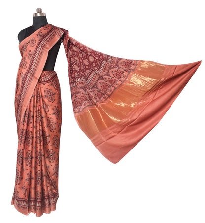 Ajrakh Modal Silk Natural Dye Hand Block Print Saree   With Golden Border  - With Blouse Piece - 6 mtrs Length    -  SKU : ID28C03P
