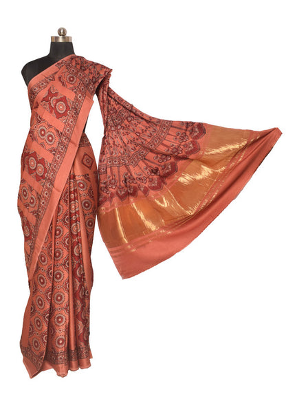 Ajrakh Modal Silk Natural Dye Hand Block Print Saree   With Golden Border  - With Blouse Piece - 6 mtrs Length    -  SKU : ID28C03Q